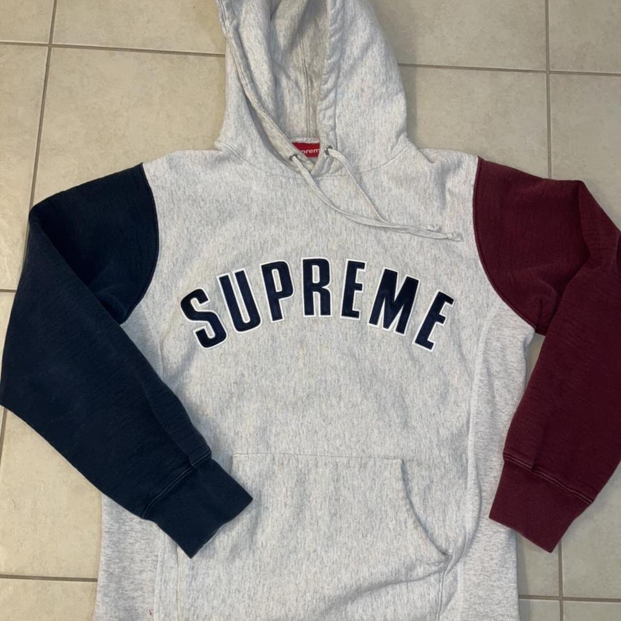 Color Blocked Arc Logo Hoodie - Grey/Red/Navy Blue... - Depop