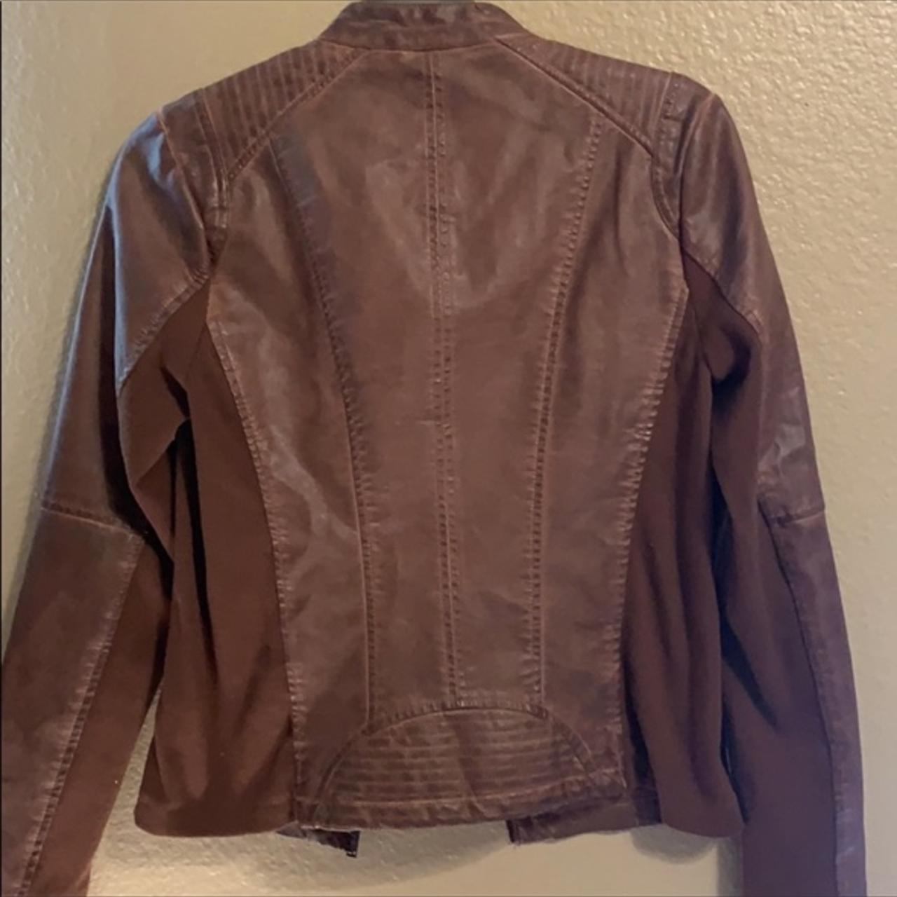 Faux brown leather jacket. Mesh sides for more of a... - Depop