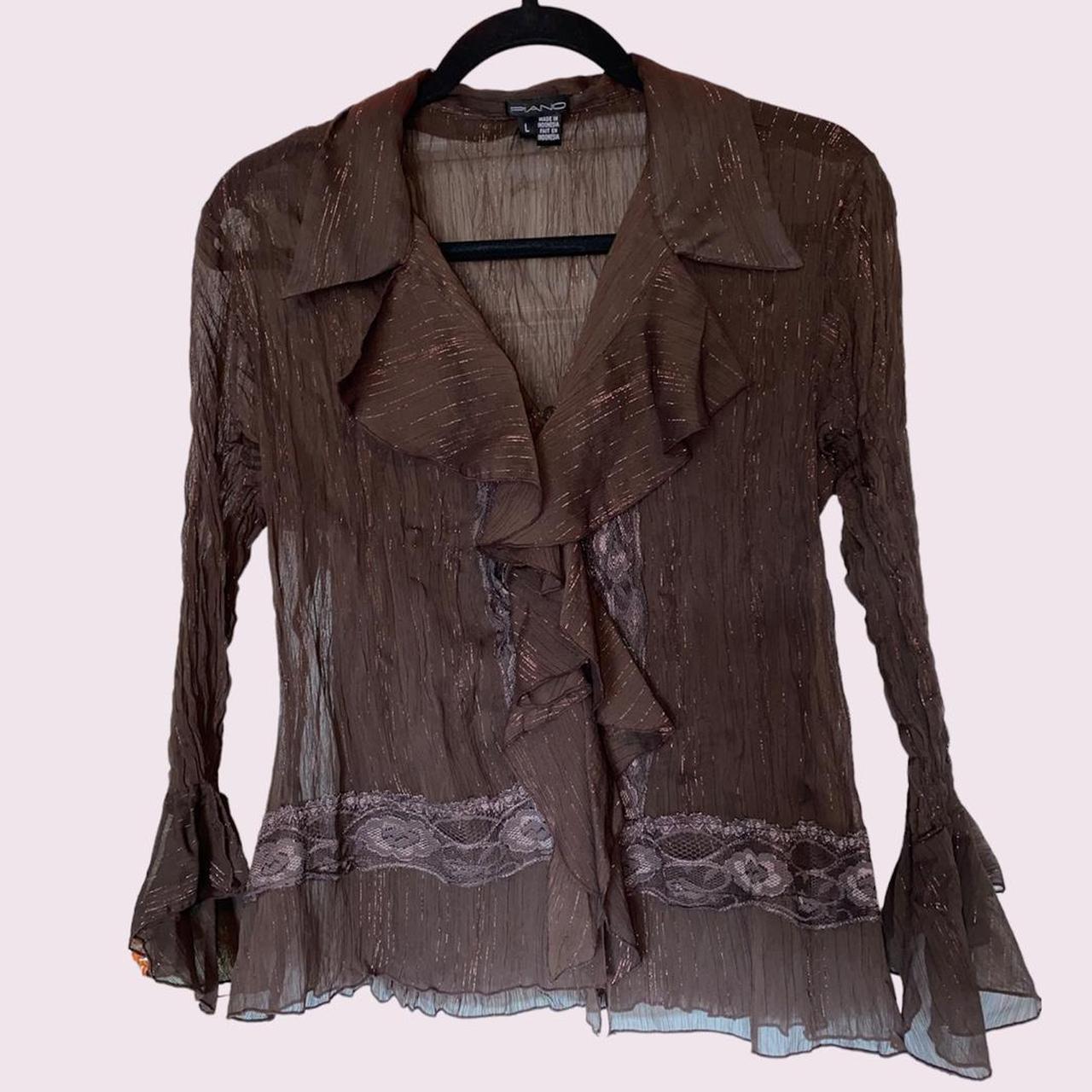 brown ruffle button up top stunning chocolate brown... - Depop