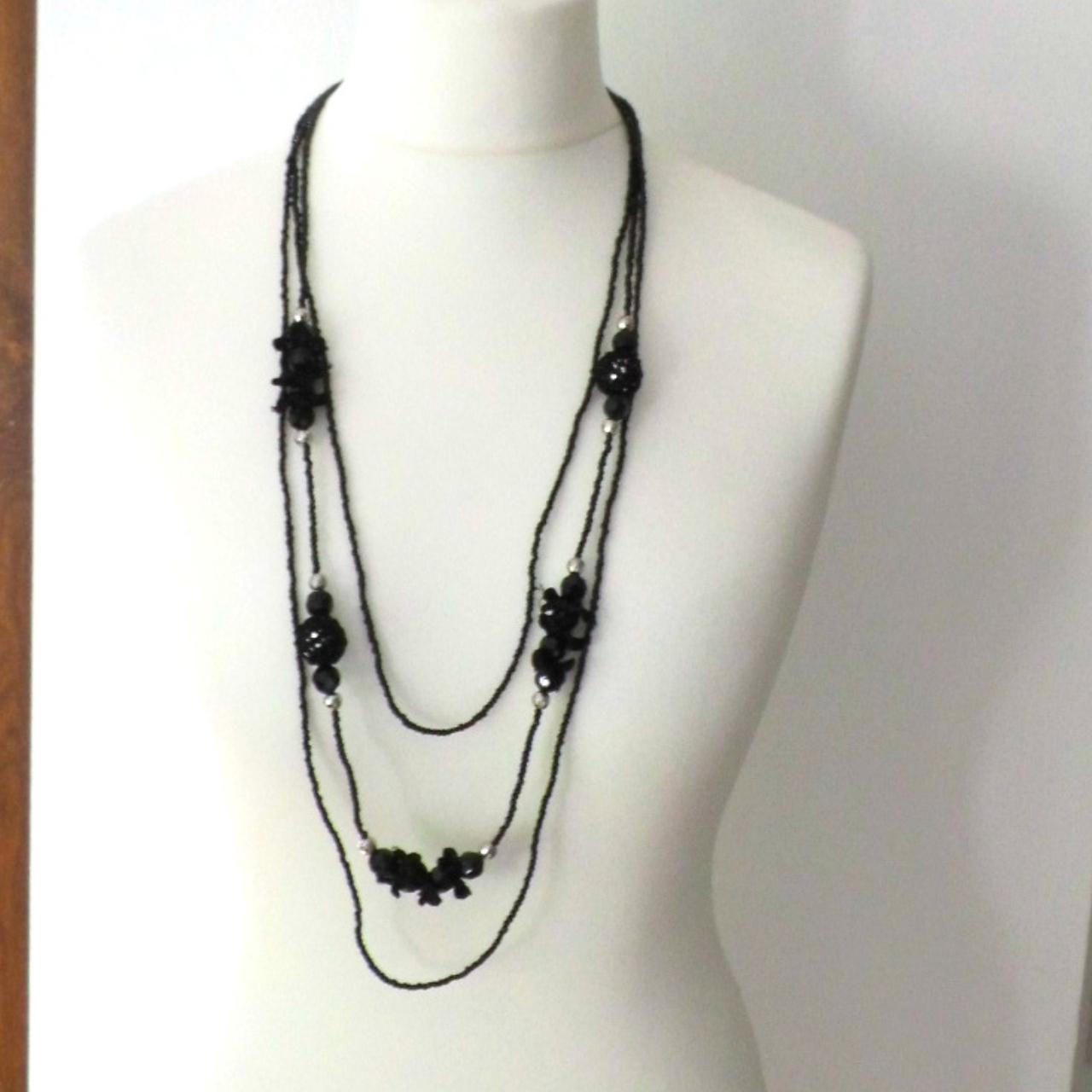 Long black beaded multistrand necklace. jet black... Depop