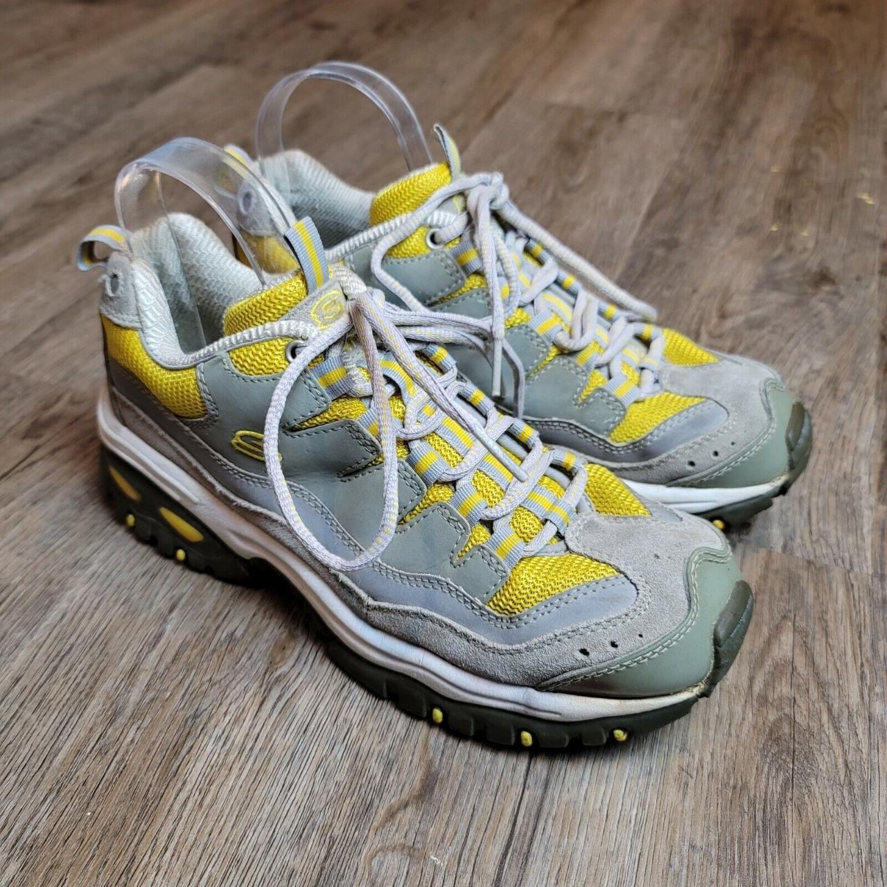 Skechers Sport Leather Sneakers Gray Yellow Lace Up... - Depop