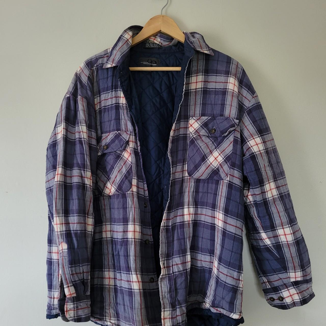 Blue, purple, red and white Flannel Size L but more... - Depop