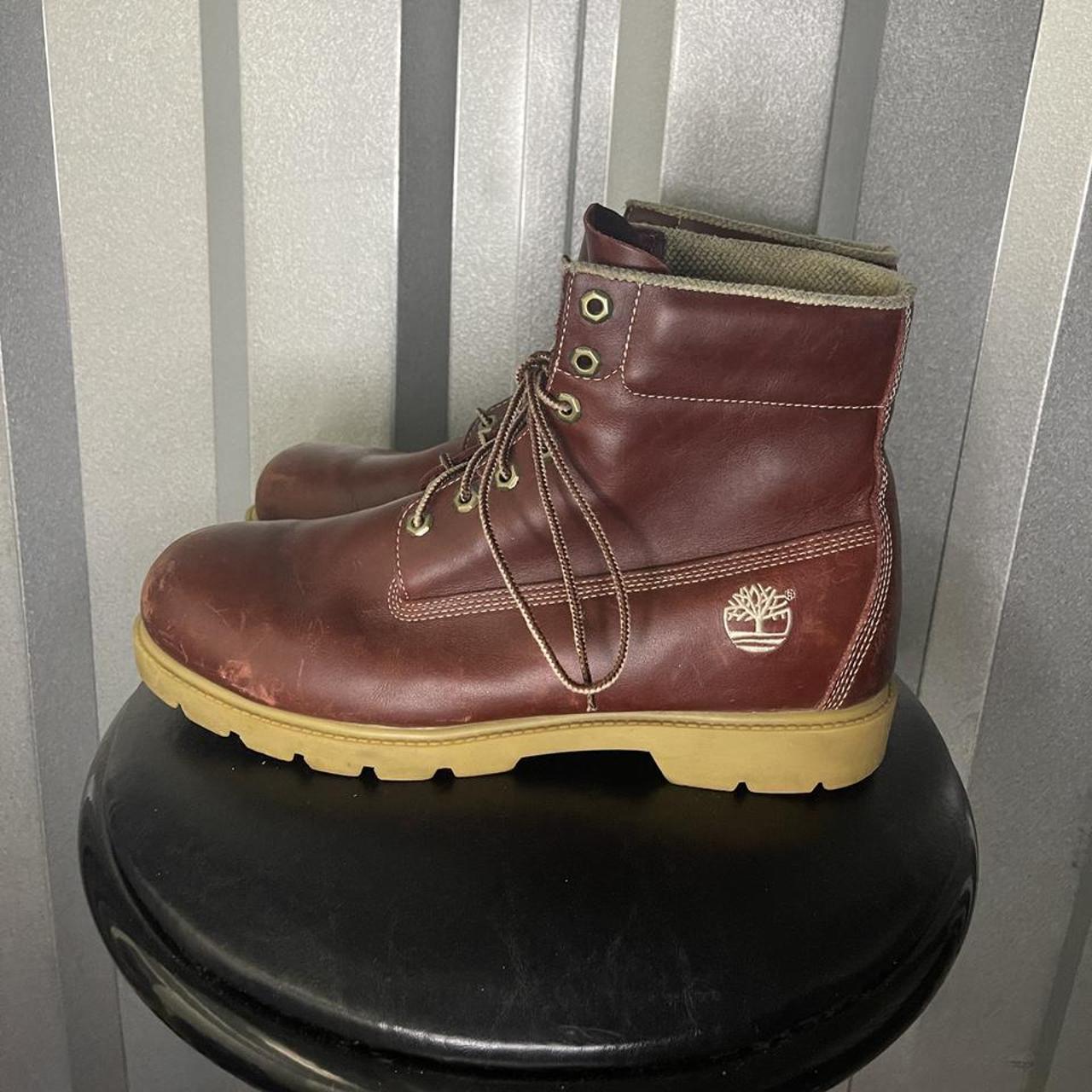 Timberland Men's Burgundy and Tan Boots Depop