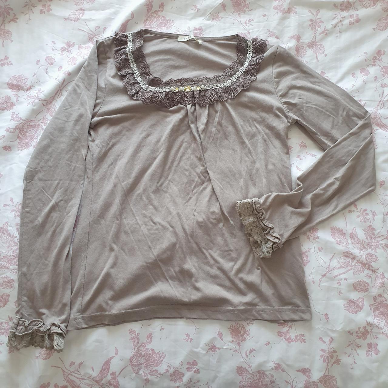 Light brown long sleeve top with floral lace trim... - Depop