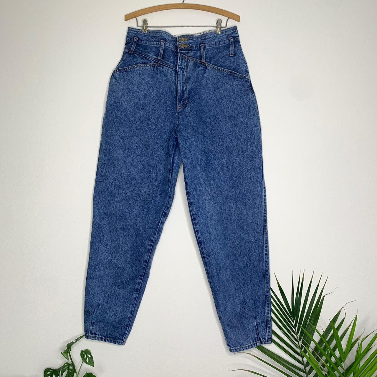 Vintage 80’s high waisted paper bag style blue... - Depop