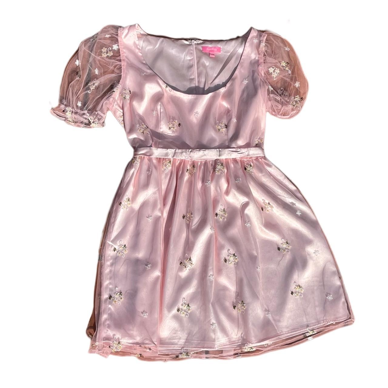 💌 babydoll fluffy pink flower embroidered dress >... Depop