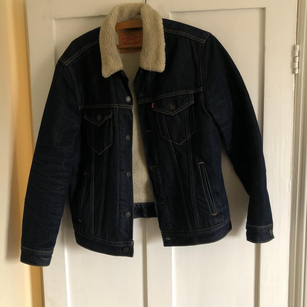 Real Levi’s fur lined jean jacket. Dark blue denim... Depop