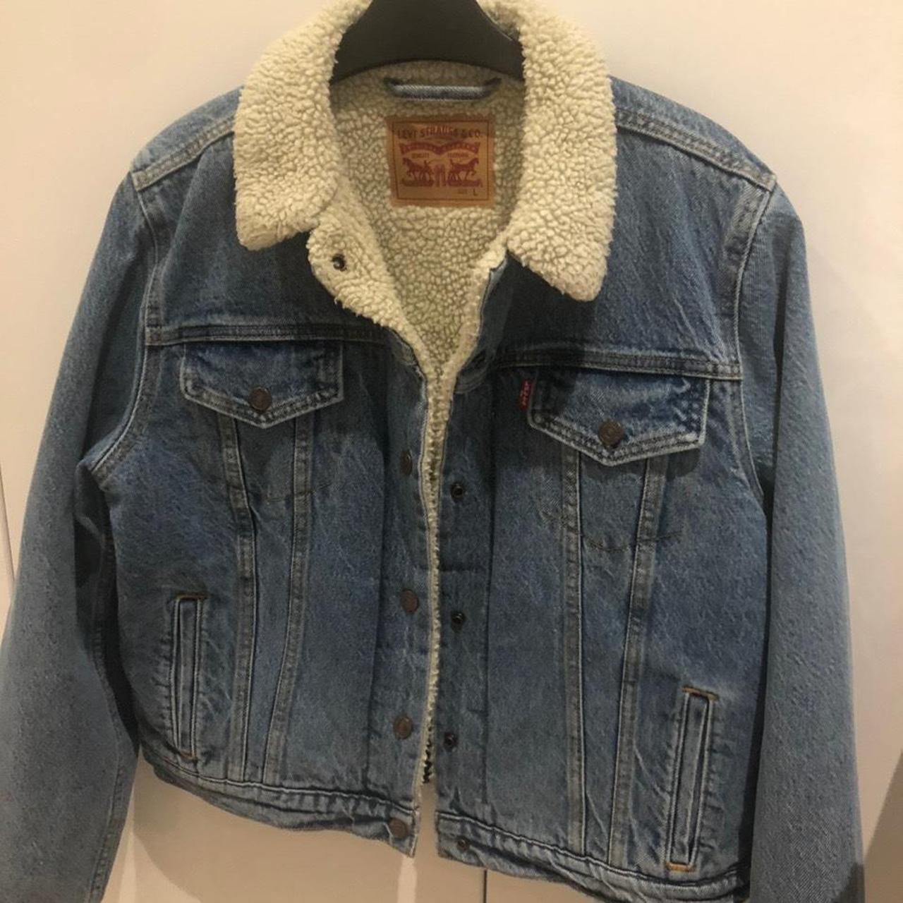 Levi’s sherpa trucker jacket for women in blue, size... - Depop