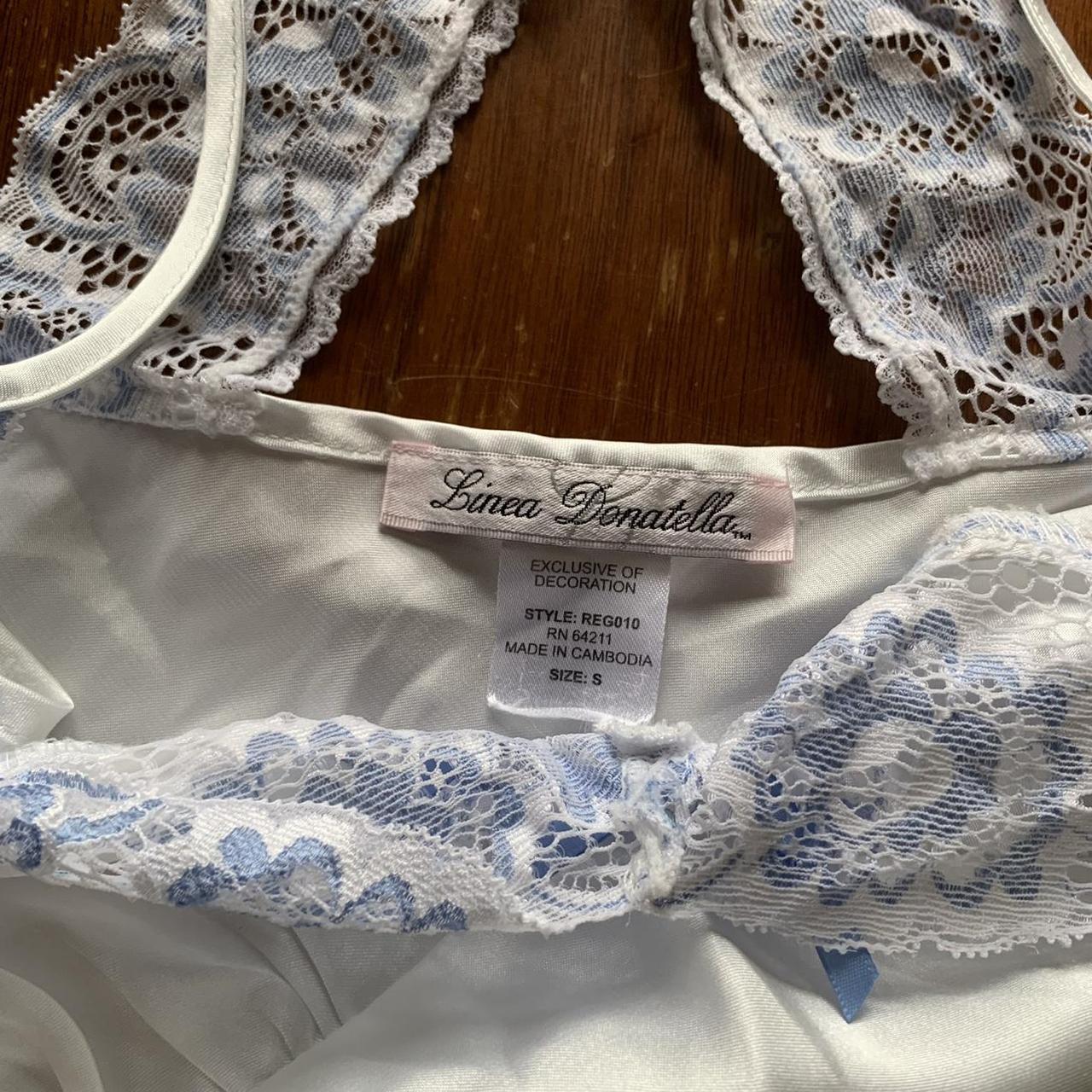 Vintage Linea Donatella slip dress white w blue lace... - Depop