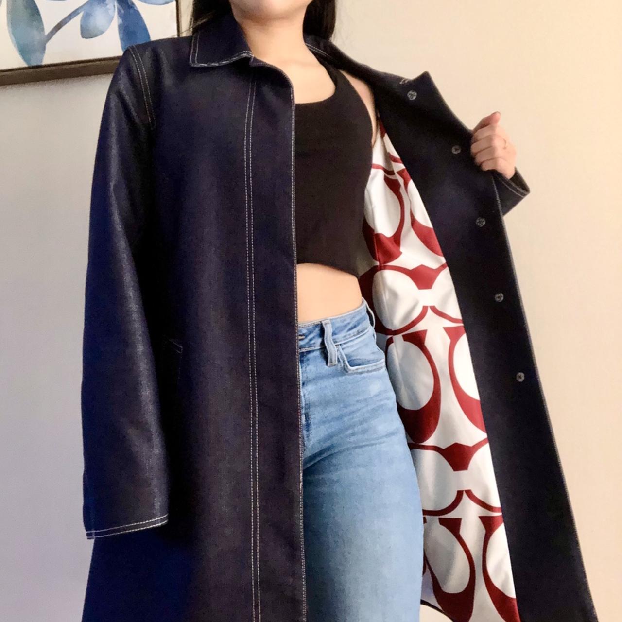 Coach denim trench coat with red and white lining..... Depop