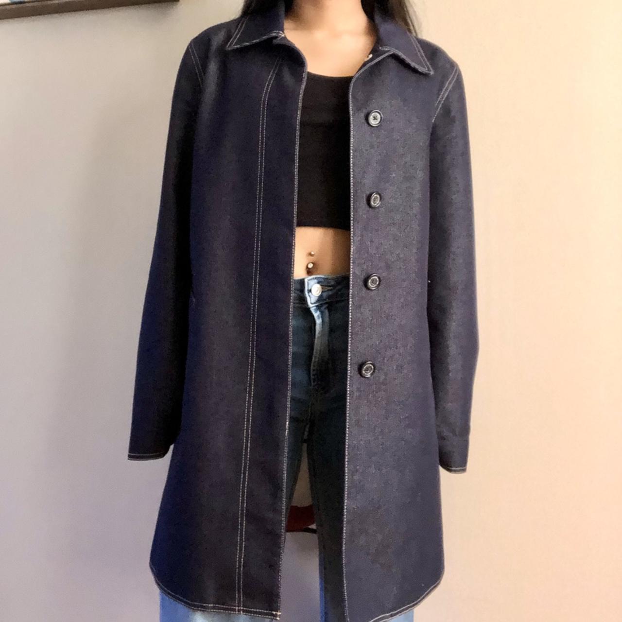 Coach denim trench coat with red and white lining..... Depop