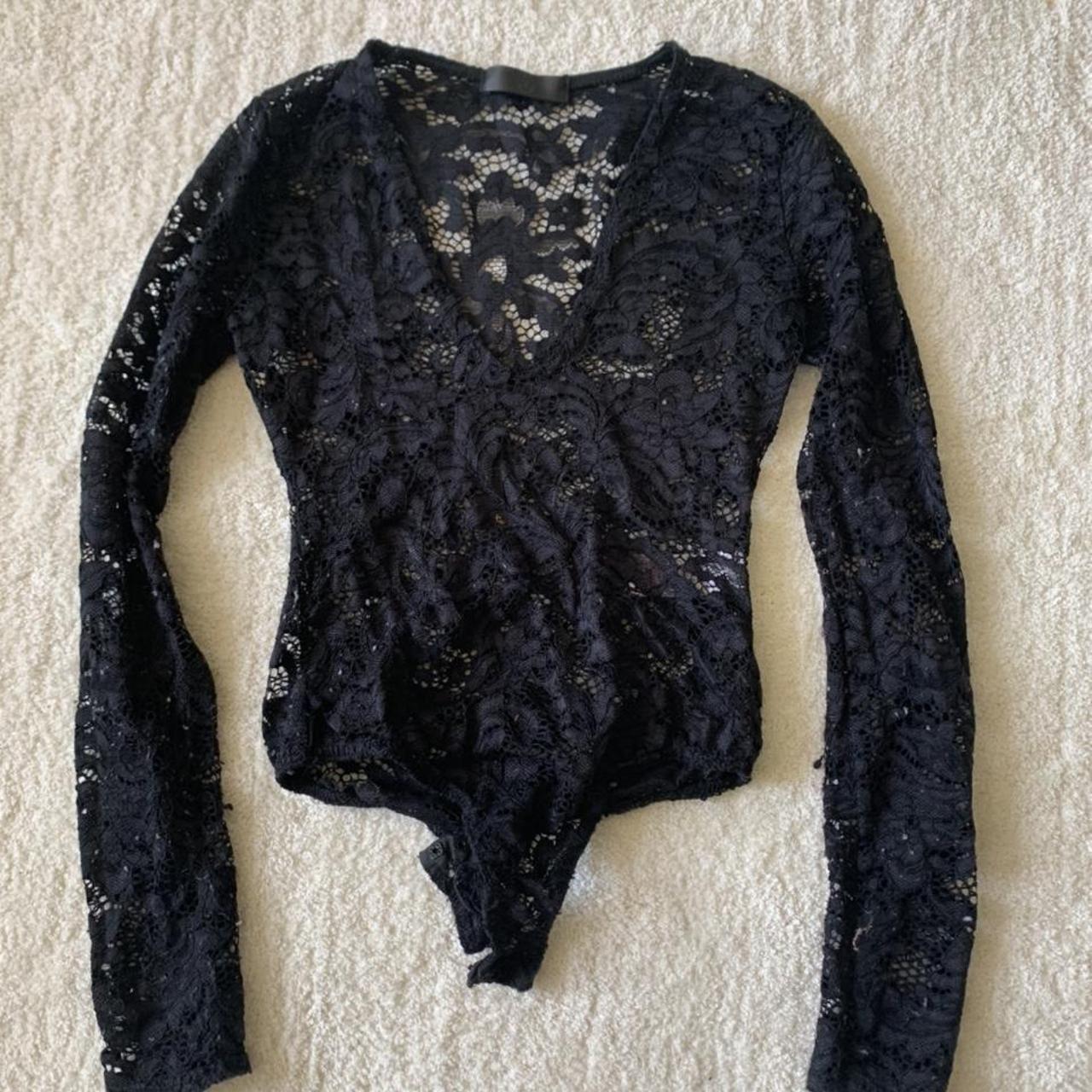 Black scoop neck lace body suit. So stretchy and... - Depop
