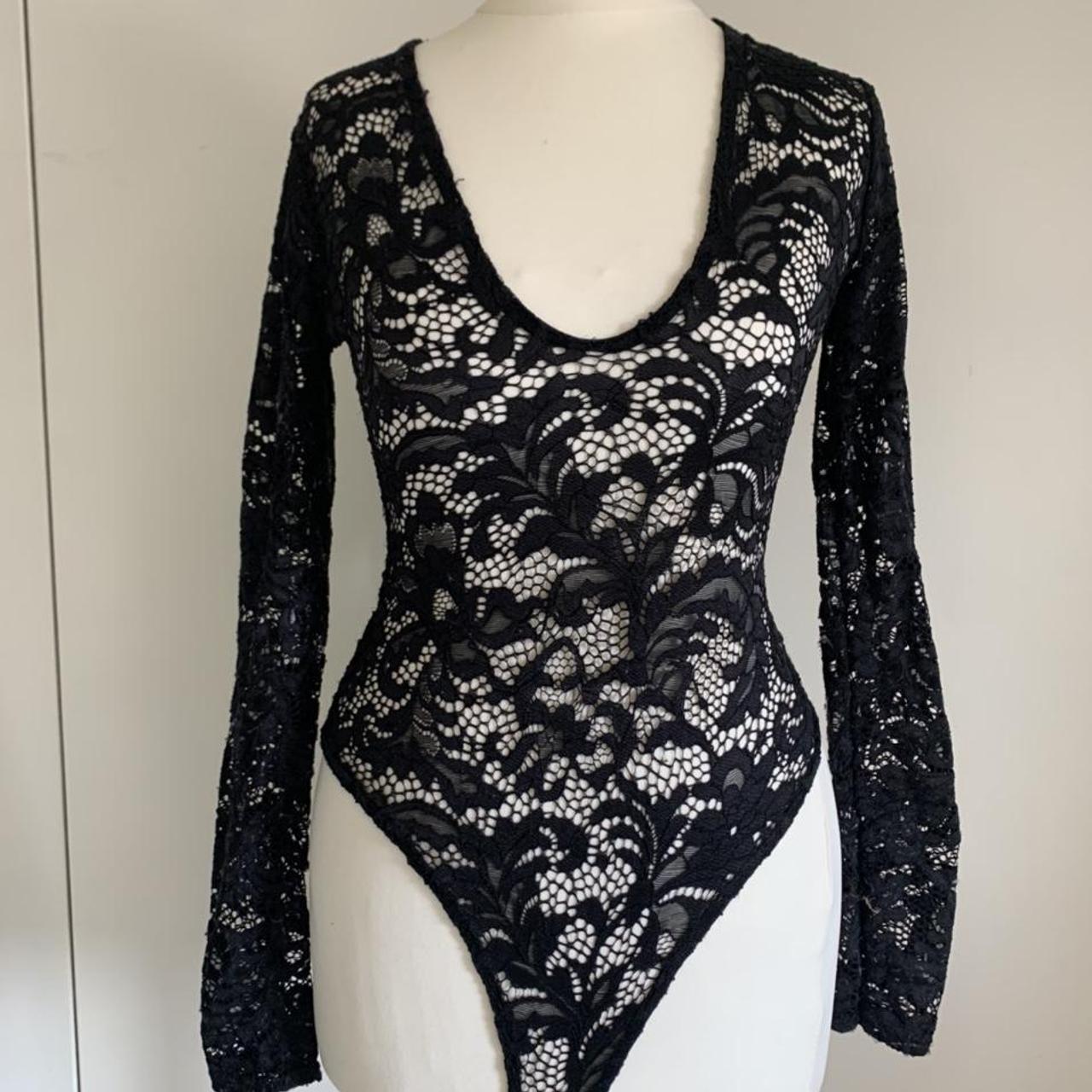 Black scoop neck lace body suit. So stretchy and... - Depop