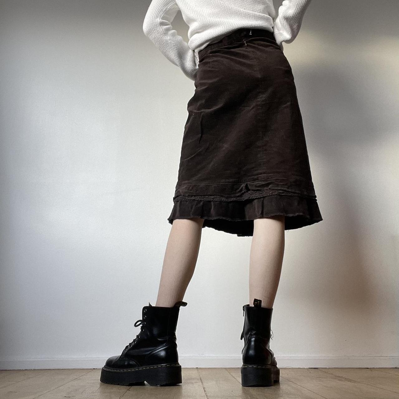 Brown midi corduroy skirt panelled patchwork... Depop