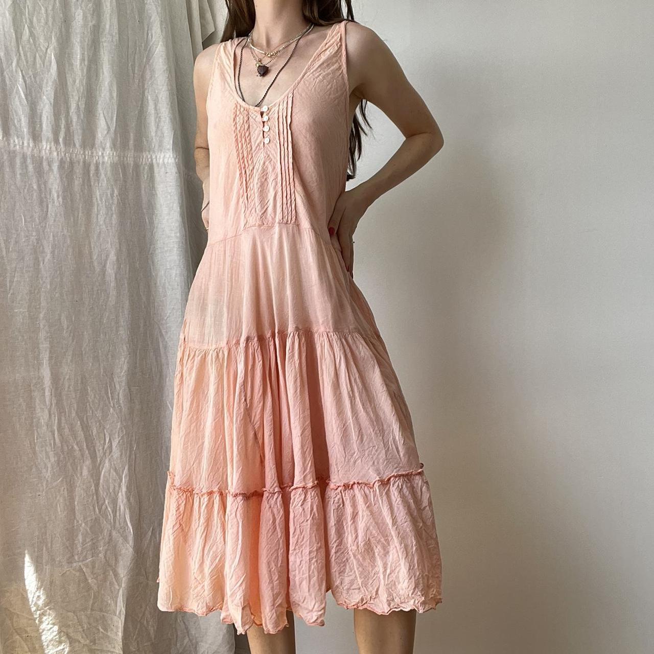 Vintage tiered cottagecore dress - salmon pink... - Depop