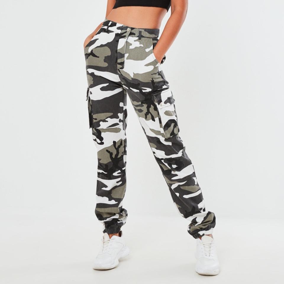 Premium grey camo printed cargo trousers cheap