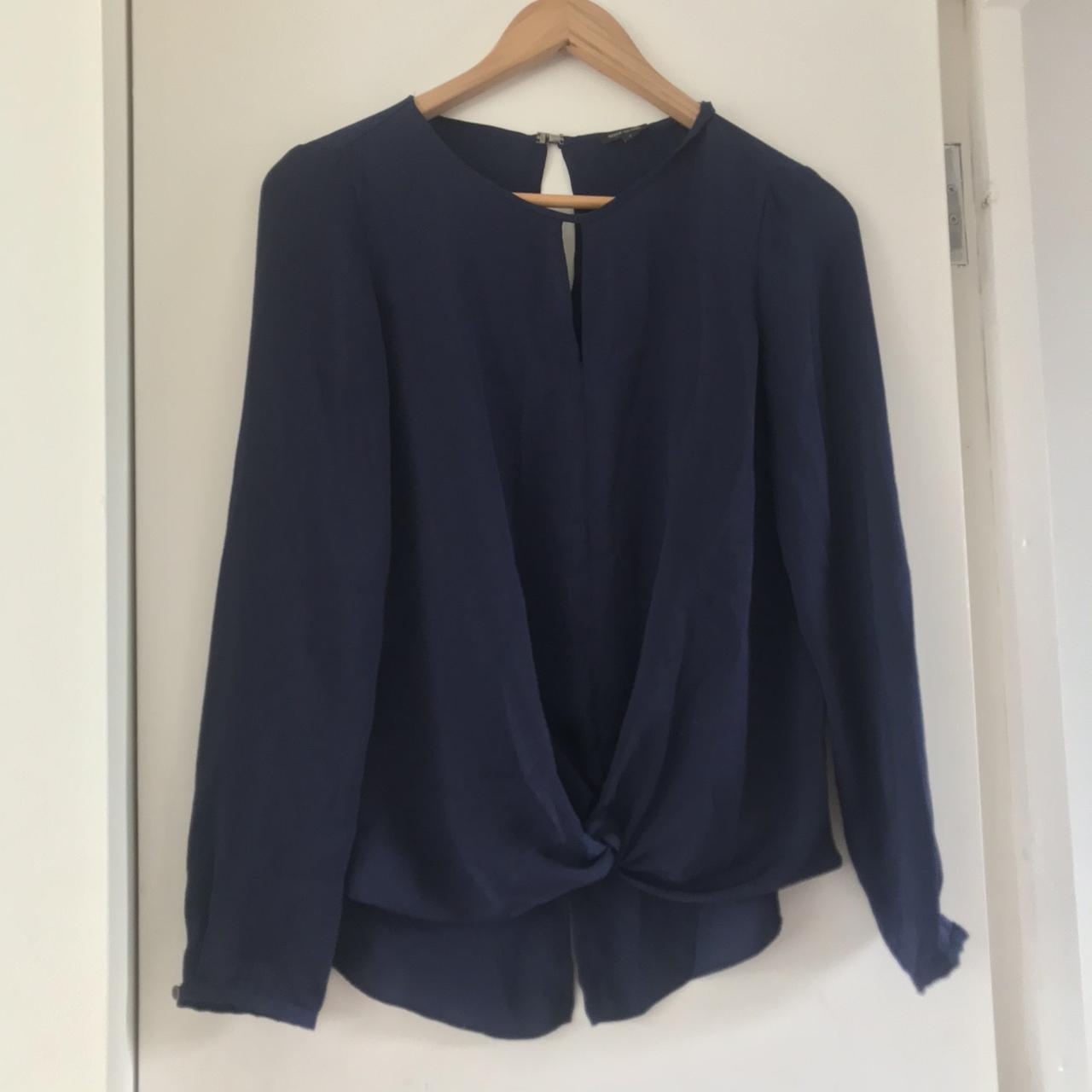 River Island navy blue satin blouse Knot front and... - Depop