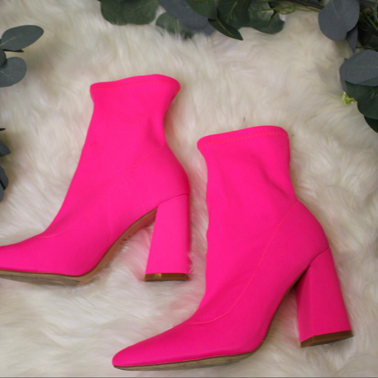 Neon pink sock booties w block heel. Only worn once