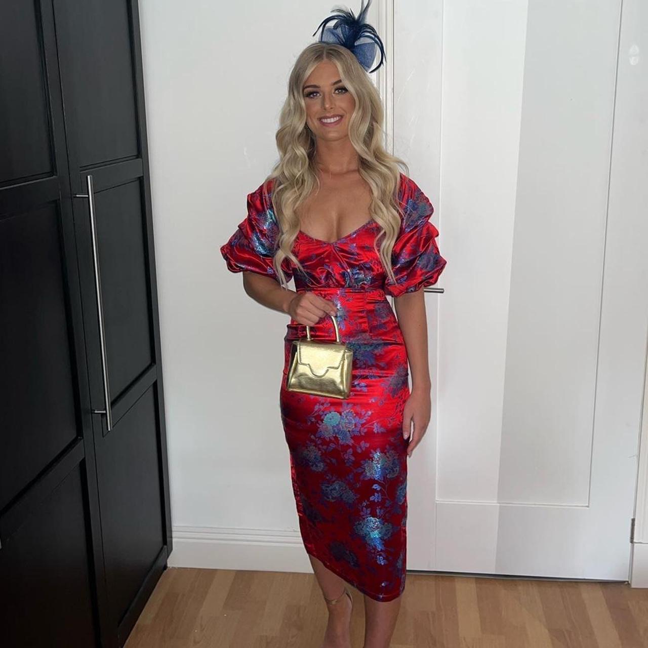 Red Floral Jacquard Lace Up Back Midi Dress,