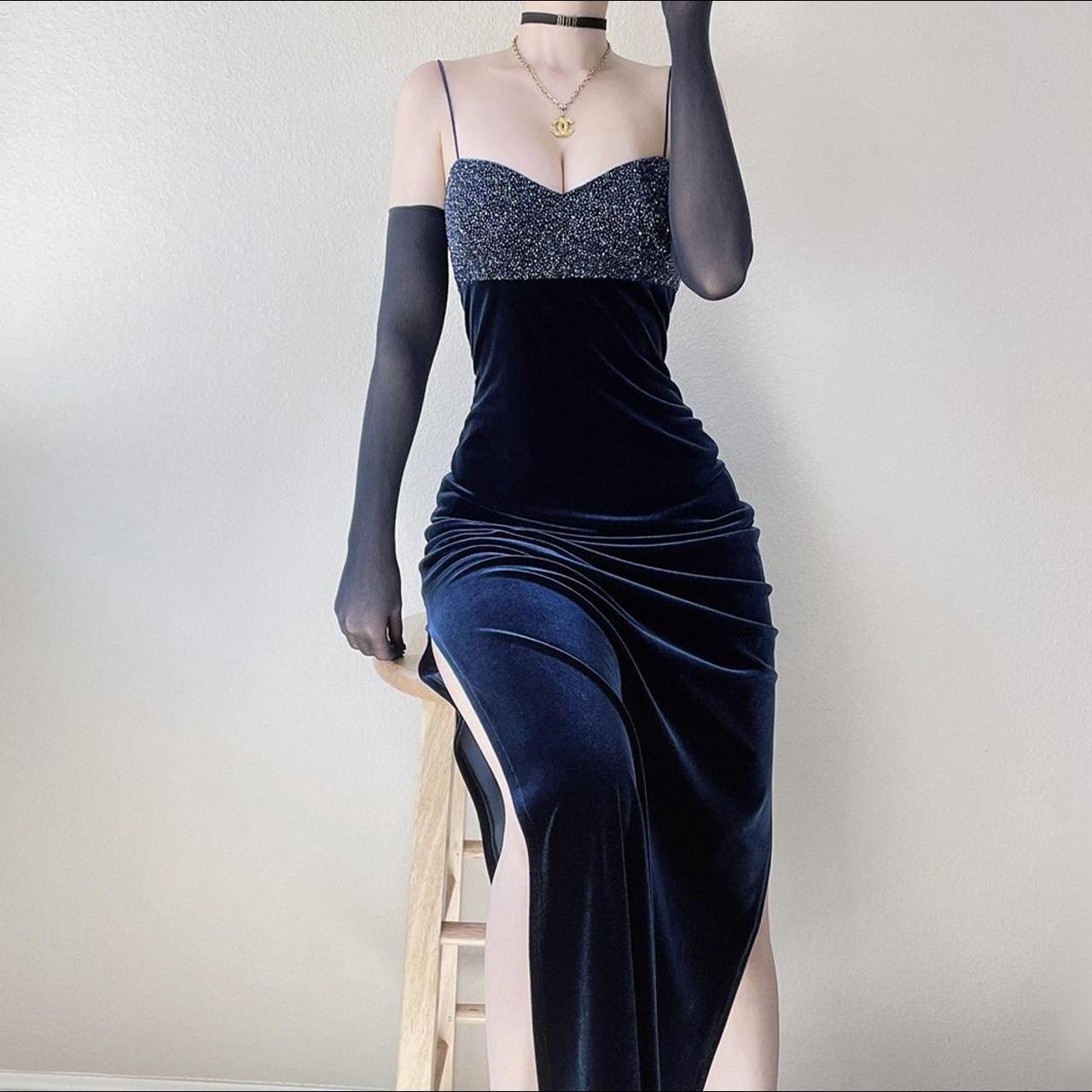 Y2k navy blue velvet beaded gown prom dress 🕊... - Depop