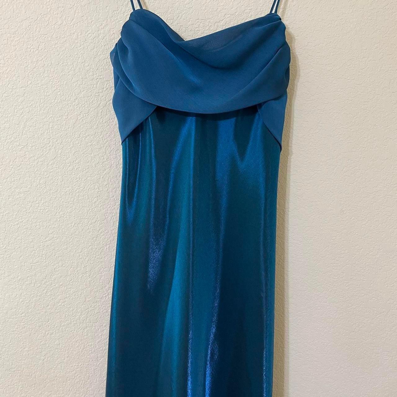 Y2K goth metallic teal blue gown vampy prom dress... - Depop