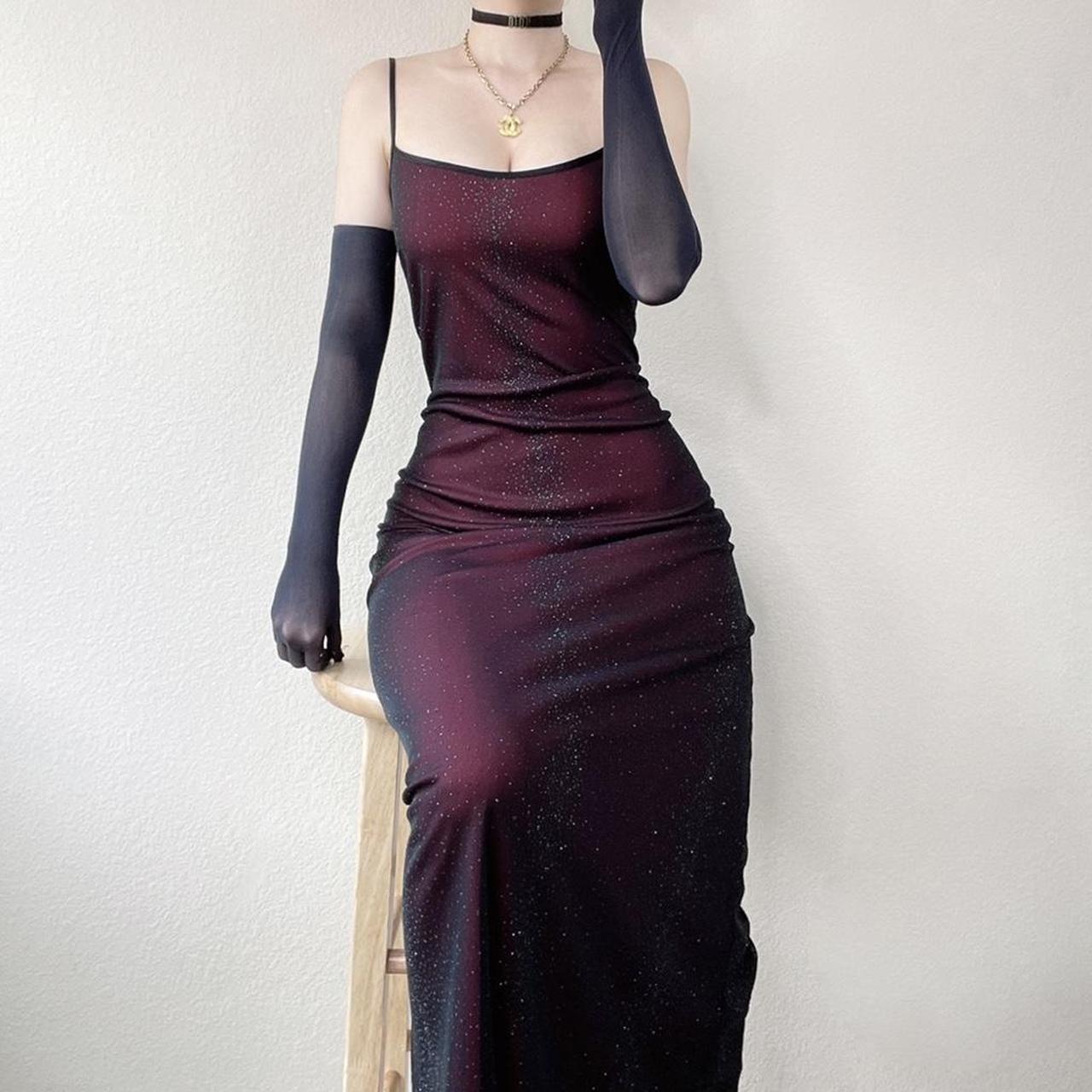 90s goth sparkly black red mesh layered gown vampy... - Depop