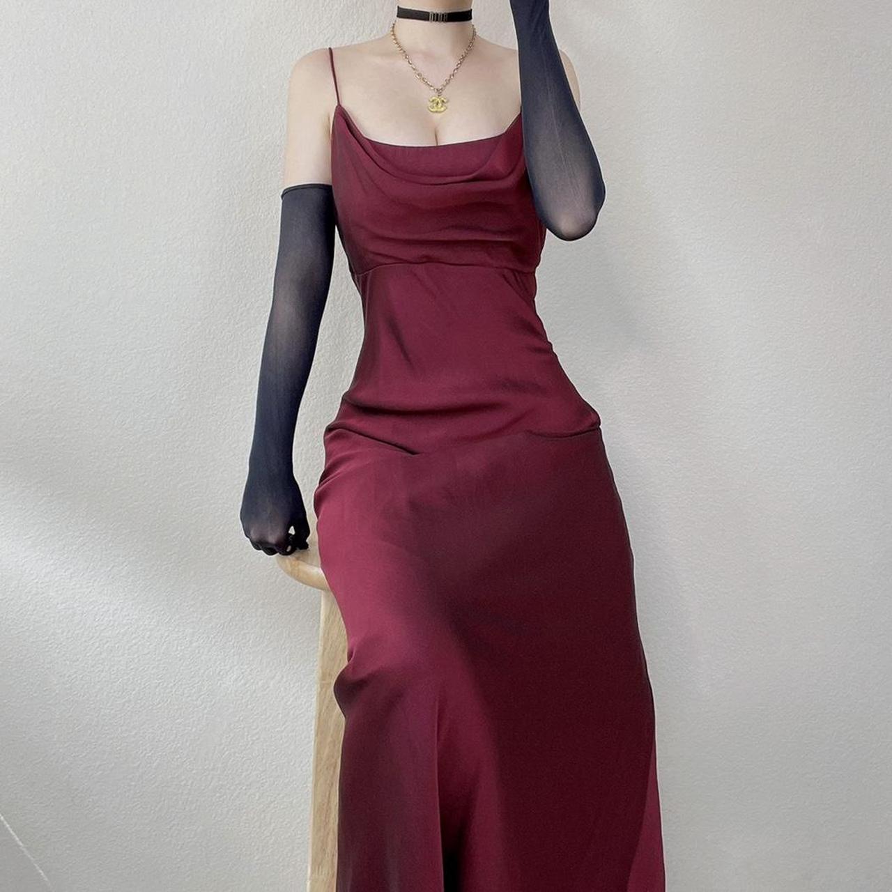 Y2K vampy dark burgundy chiffon gown goth prom dress... - Depop