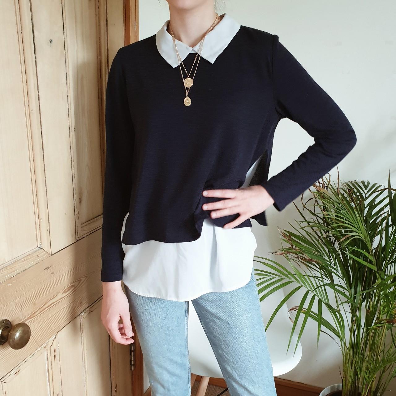 navy jumper with attached white blouse used but in Depop