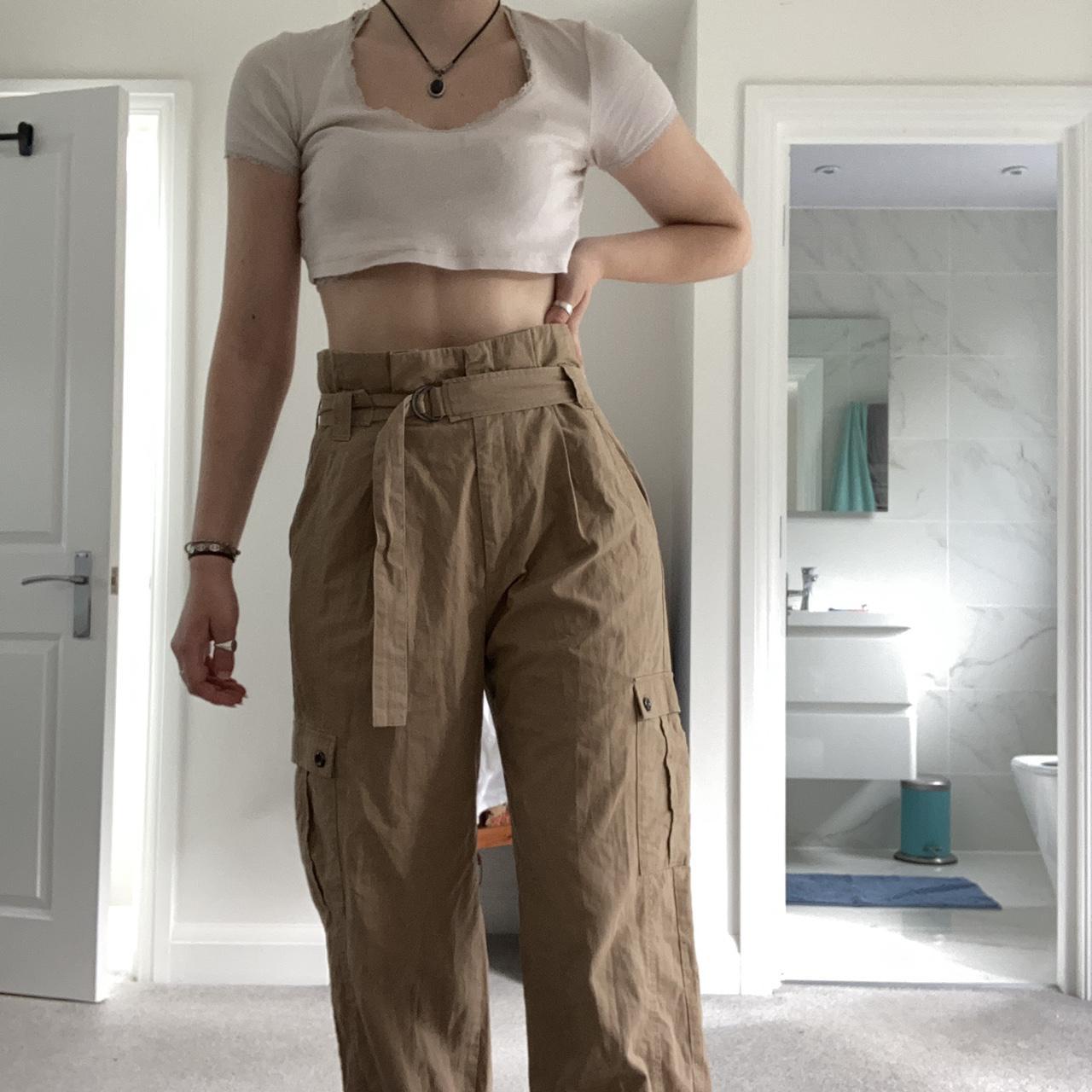 Zara light brown cargo trousers with buckle belt and... Depop
