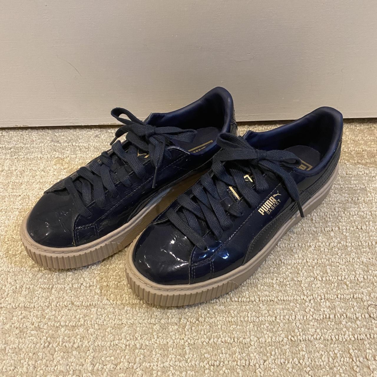 navy patent leather puma baskets worn once