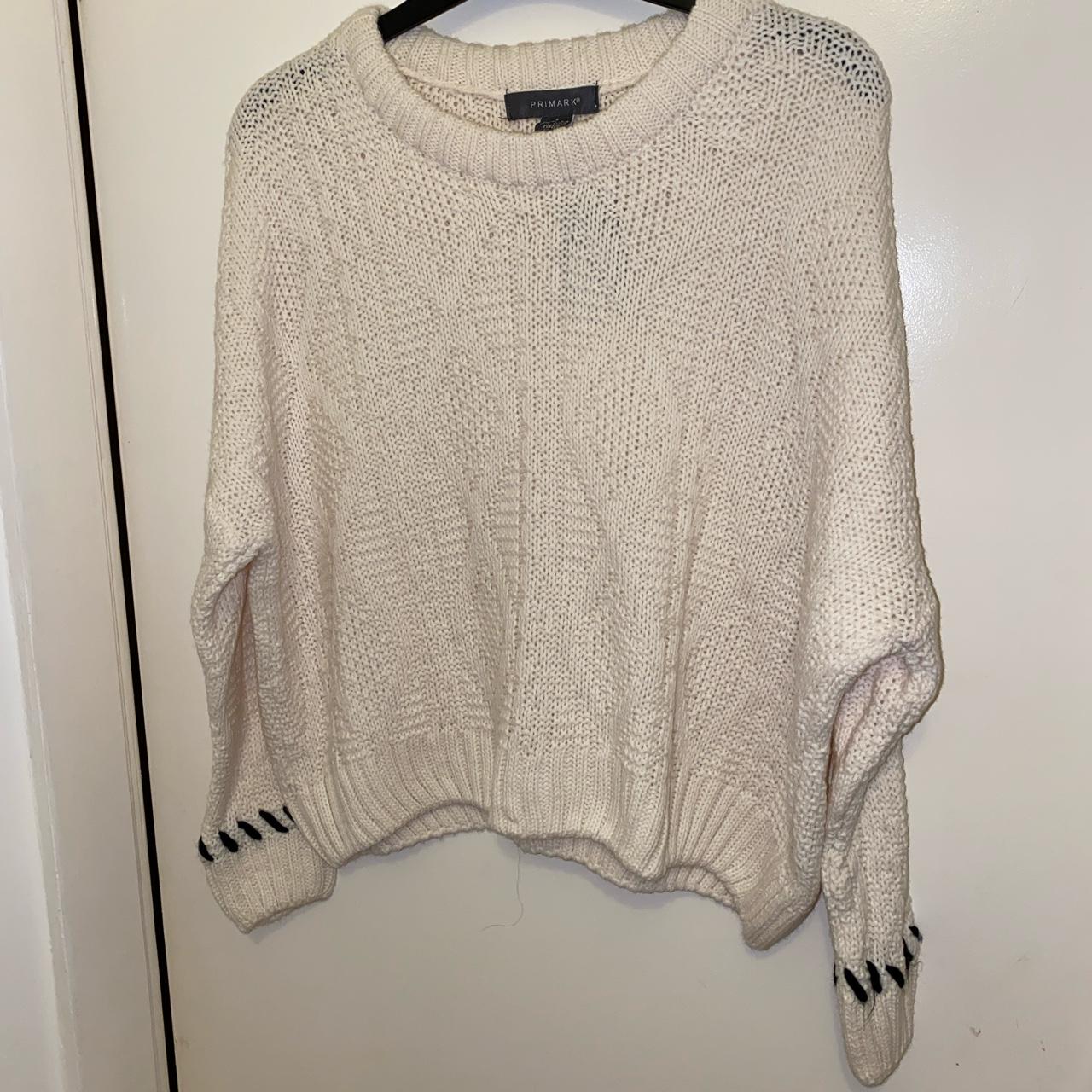 Knitted jumper in cream, with black detailing on the... - Depop