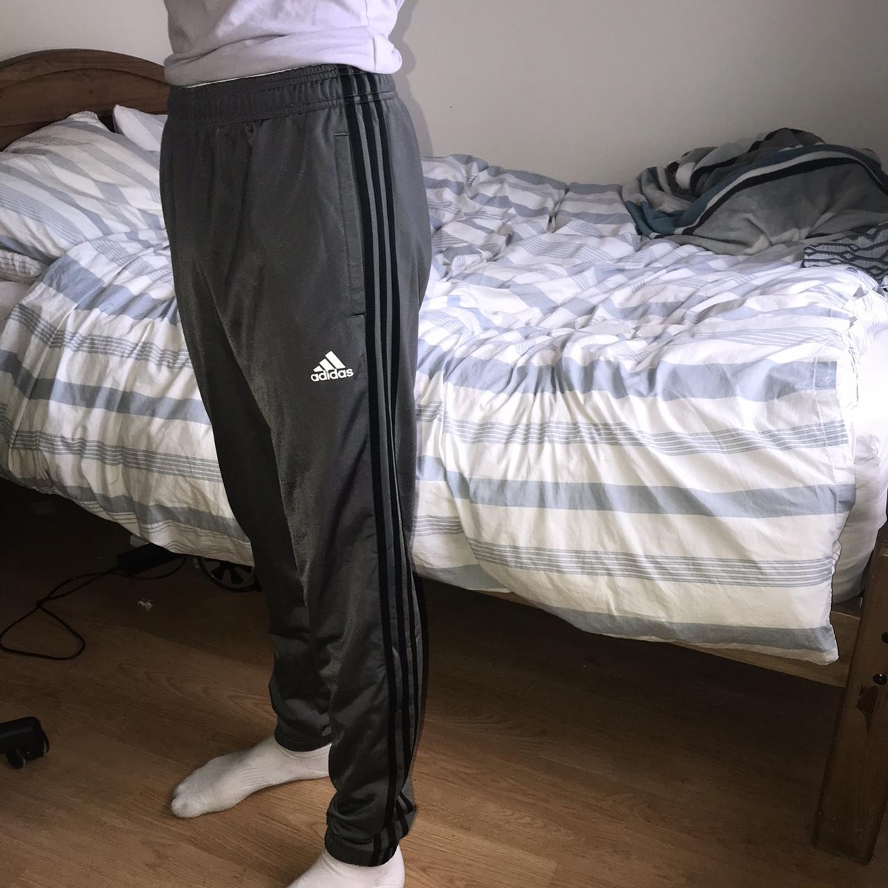 grey adidas tracksuit with black stripes