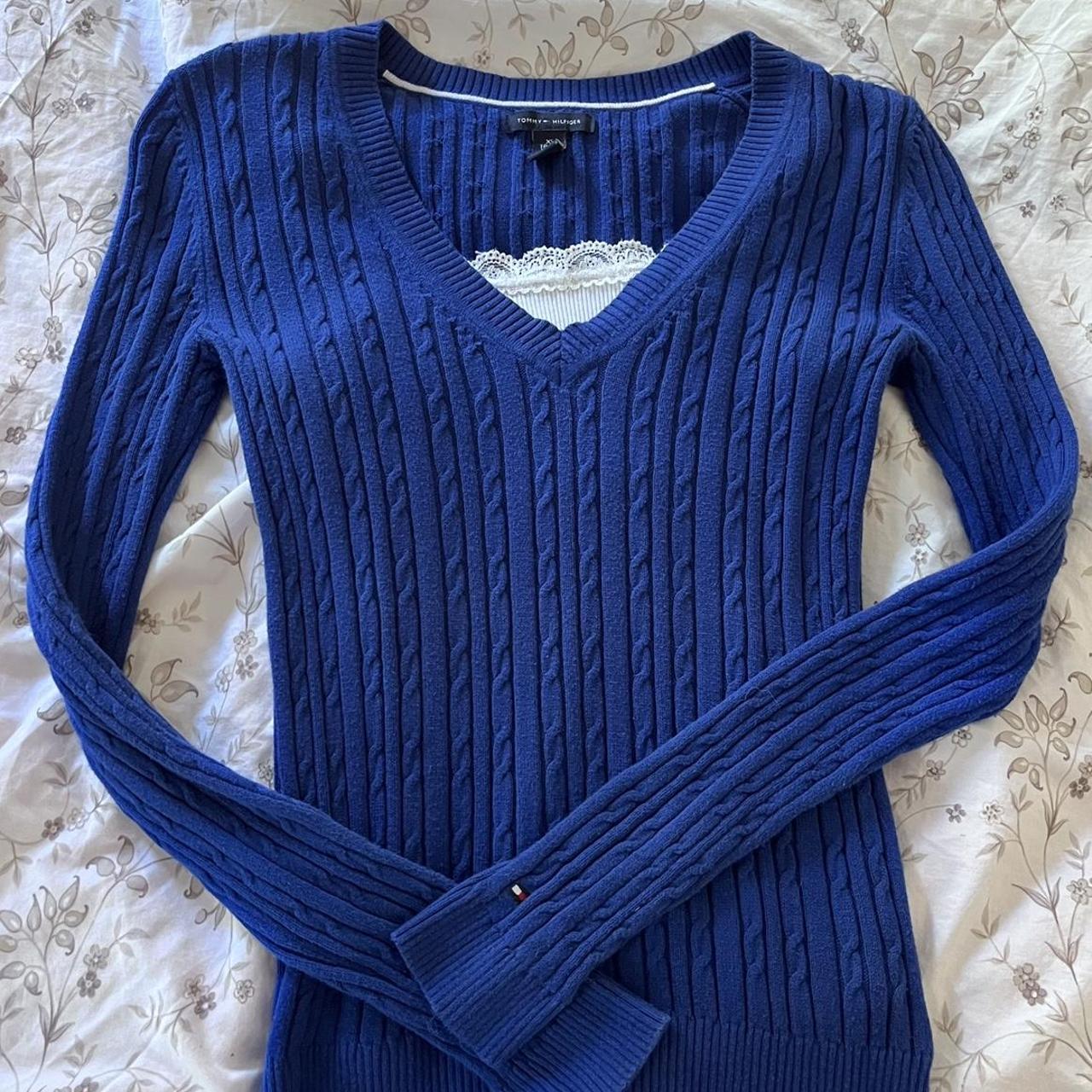 cobalt blue tommy hilfiger cable knit sweater in... - Depop