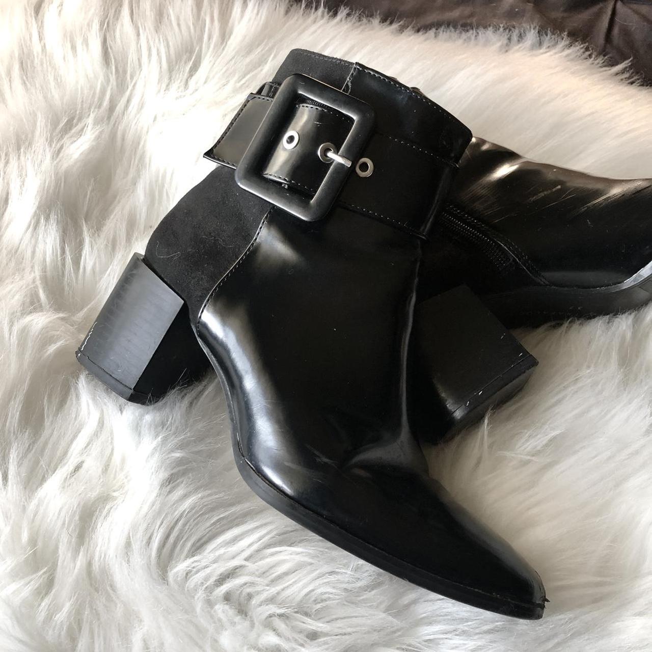 Black vinyl Zara ankle boots with side buckle and... - Depop