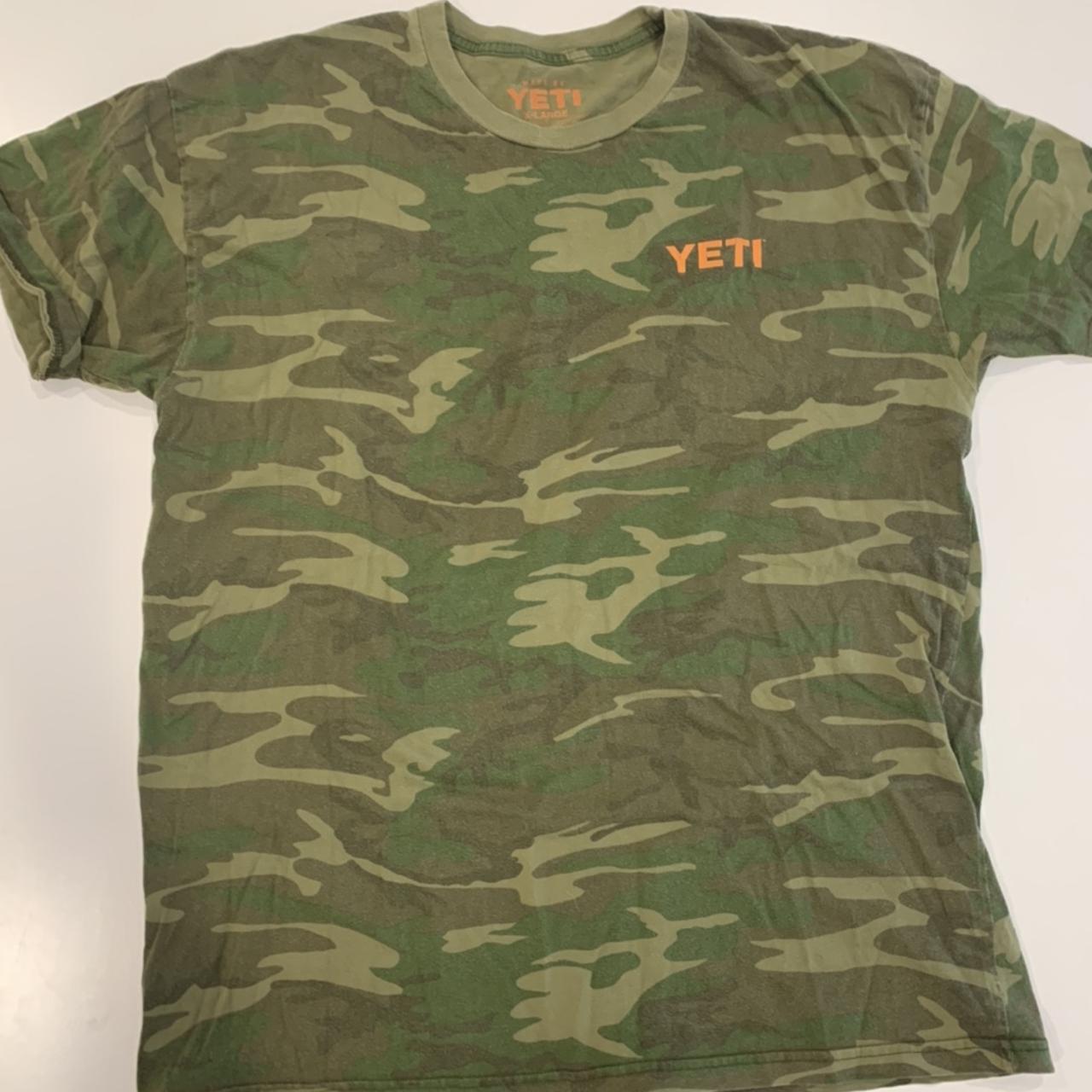 YETI GREEN CAMO TEE BRIGHT ORANGE LETTERING