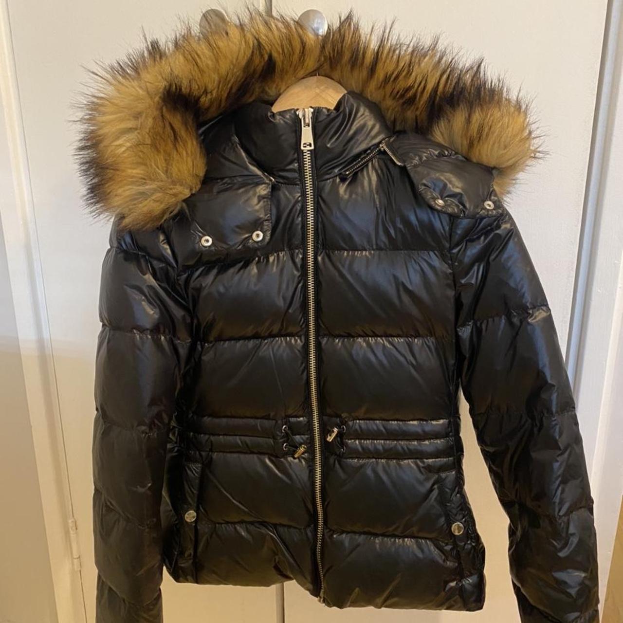 black shiny coat with fur hood zara