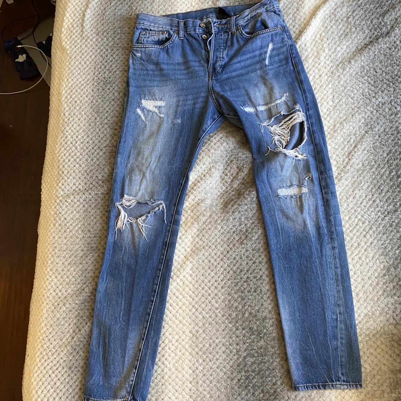 distressed and faded denim jeans 32/32 slim tapered... - Depop