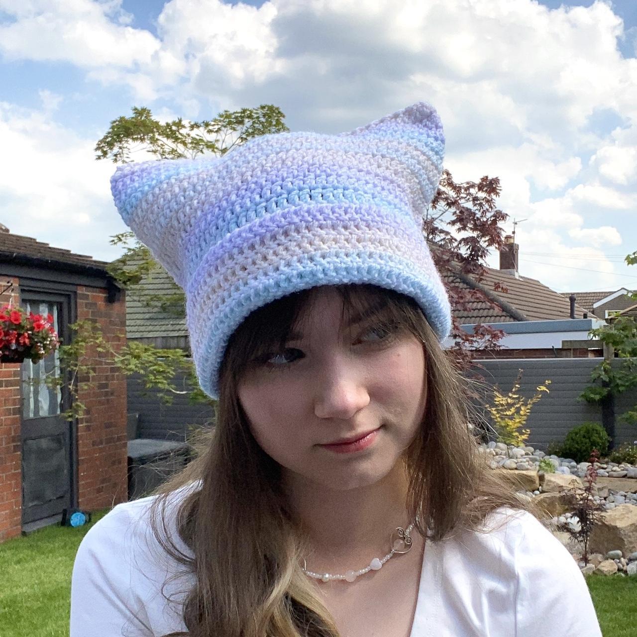 Pastel cat ears crochet beanie hat 💗💙🐱 Fits an... Depop