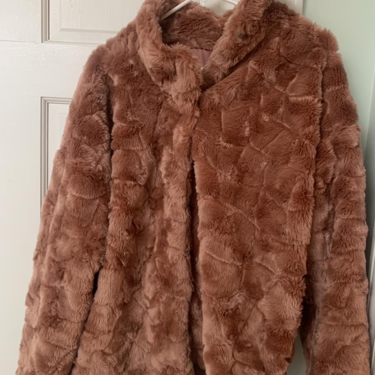 Pink fluffy jacket - faux fur exterior, silk-like... - Depop