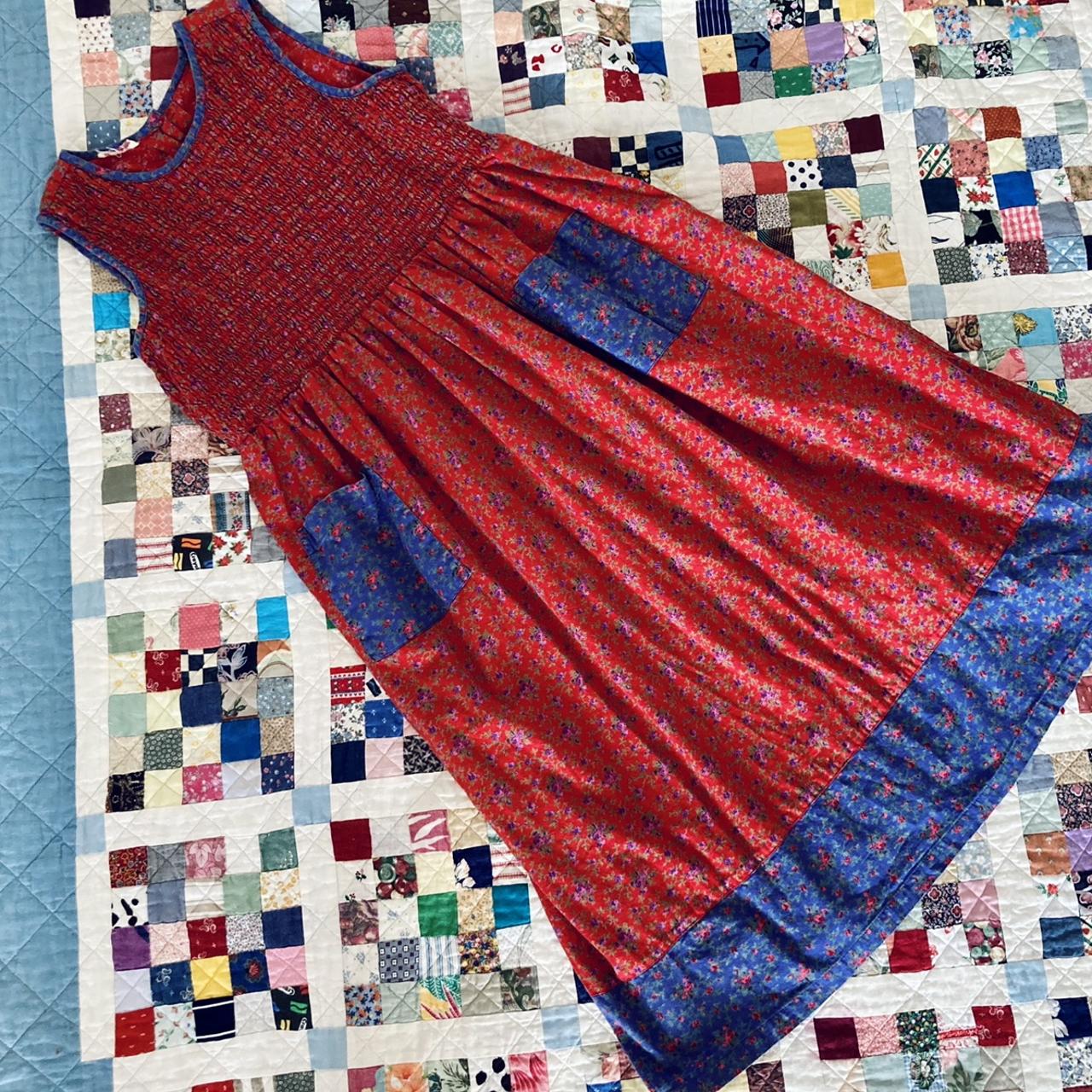 1970’s red and blue patchwork prairie dress with a... - Depop