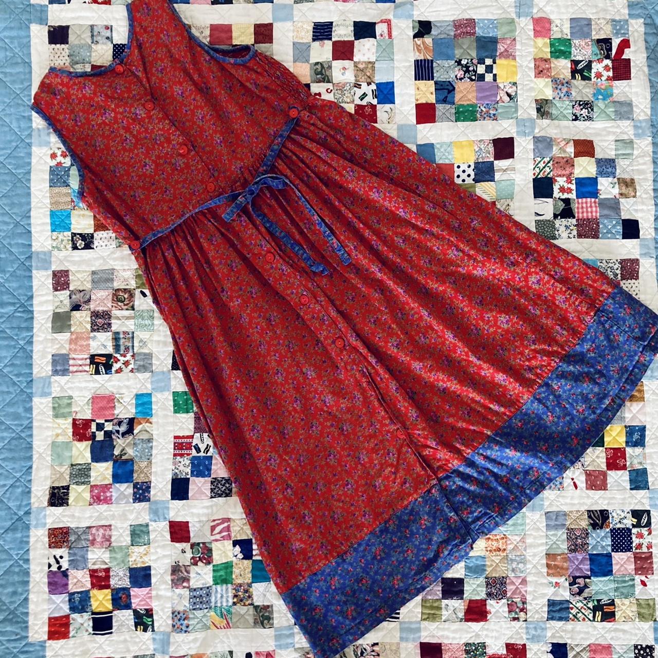 1970’s red and blue patchwork prairie dress with a... - Depop