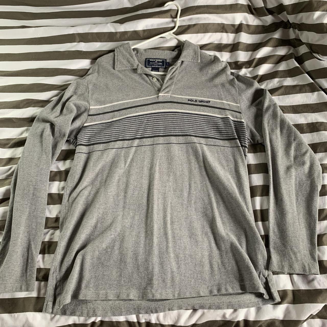 Heather gray polo long sleeve Tagged mens L fits... - Depop