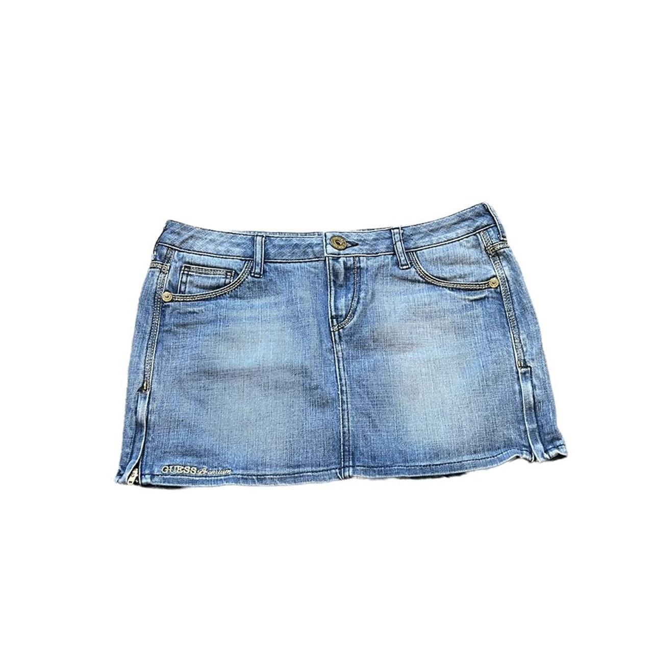 guess mini skirt denim small zips up sides some... - Depop