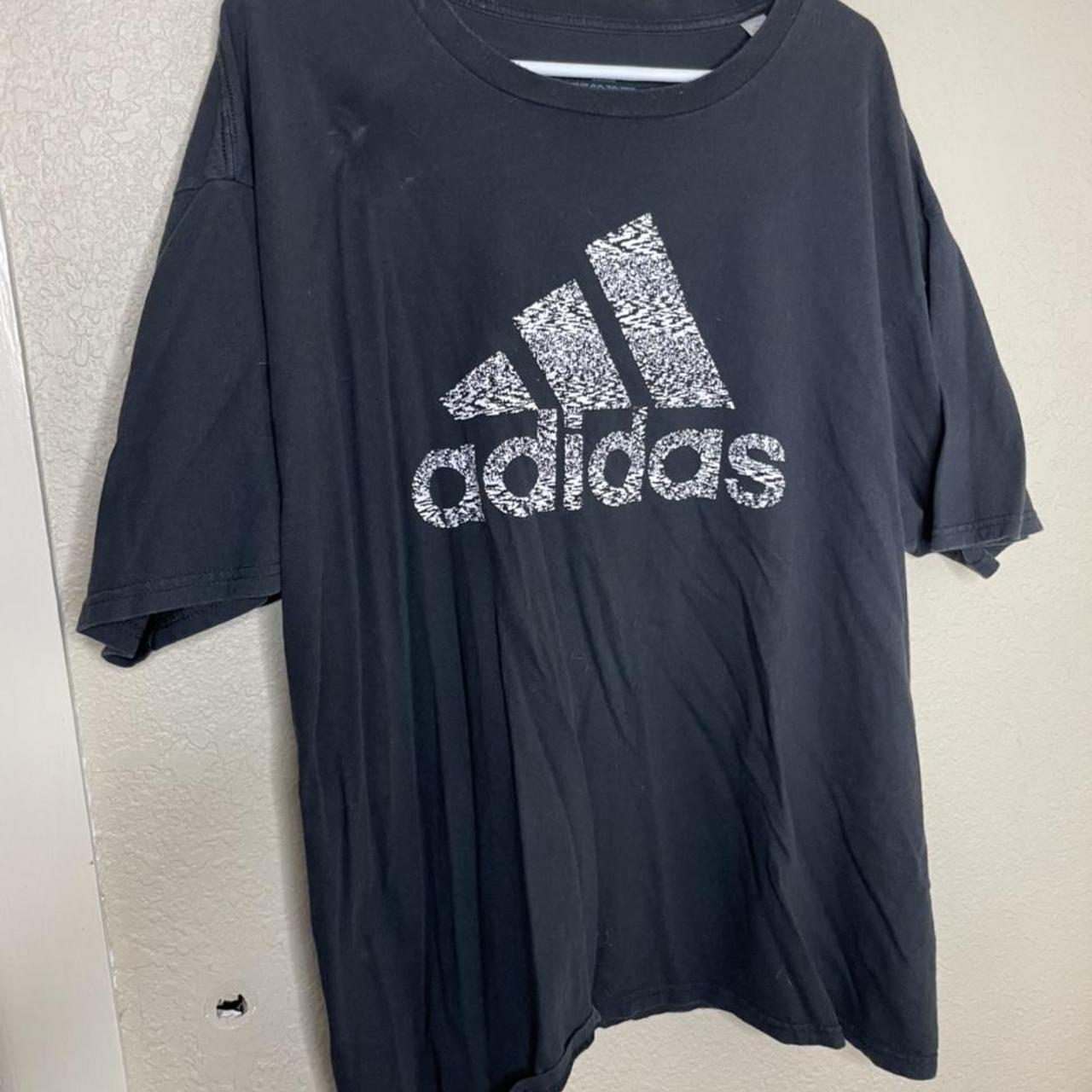 Black and white adidas shirt with 80s font print... - Depop