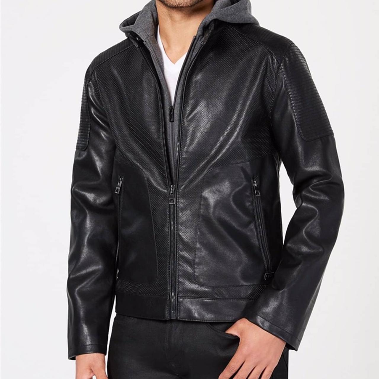 Guess leather jacket on sale with removable hood