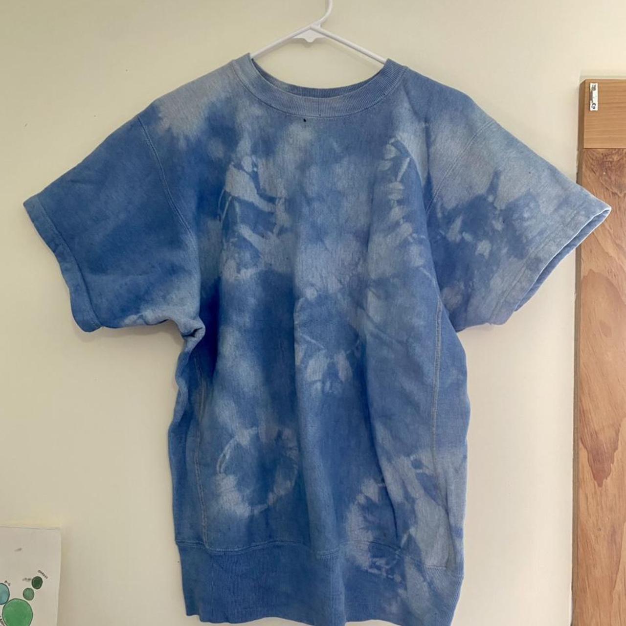 One of a kind! Blue tie-dyed Champion T-Shirt with... - Depop