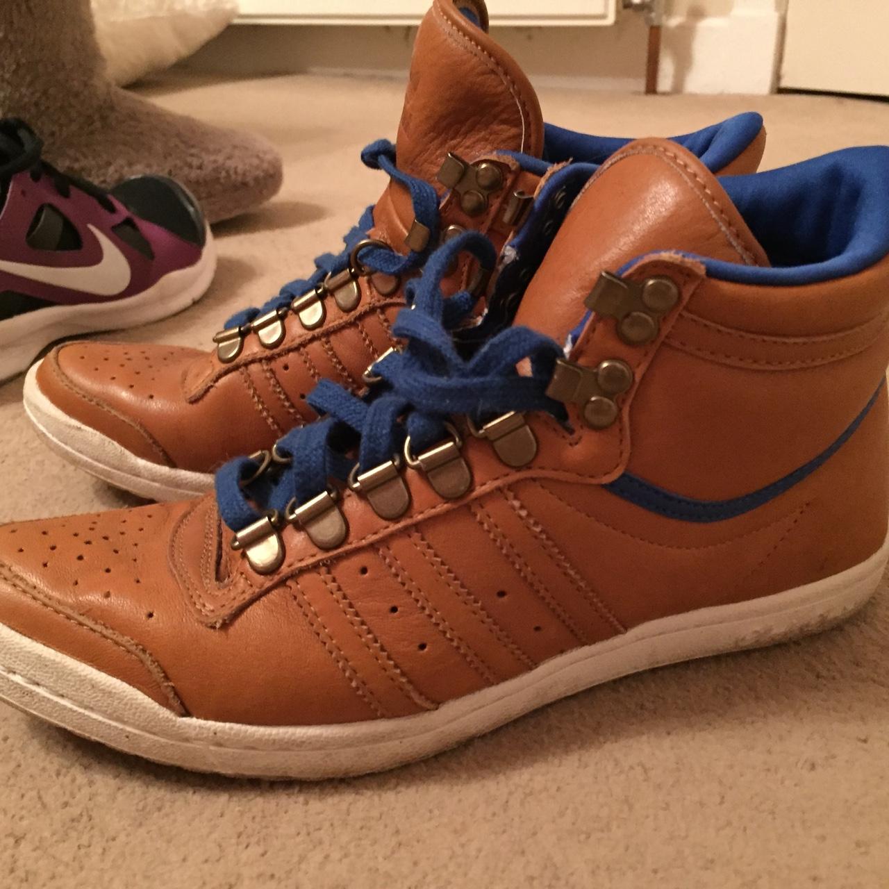 Adidas hi tops brown and royal blue, worn but