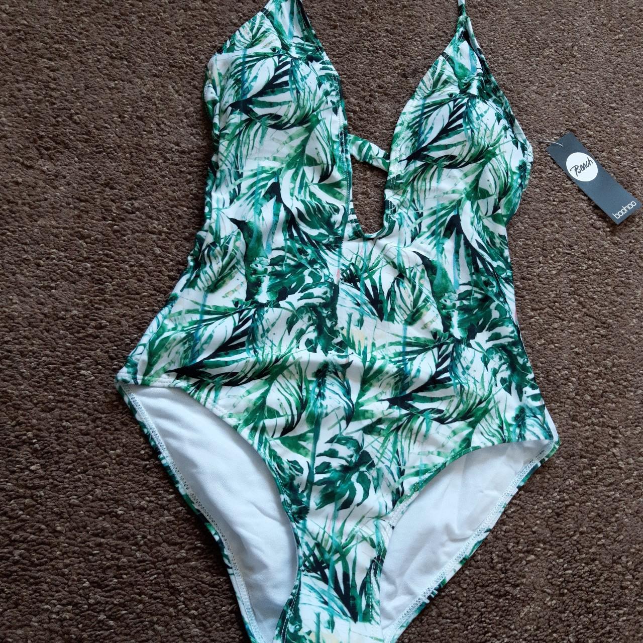 Boohoo Tropical Green Palm Leaf Print Swimsuit Plunge Neckline Halterneck Tie