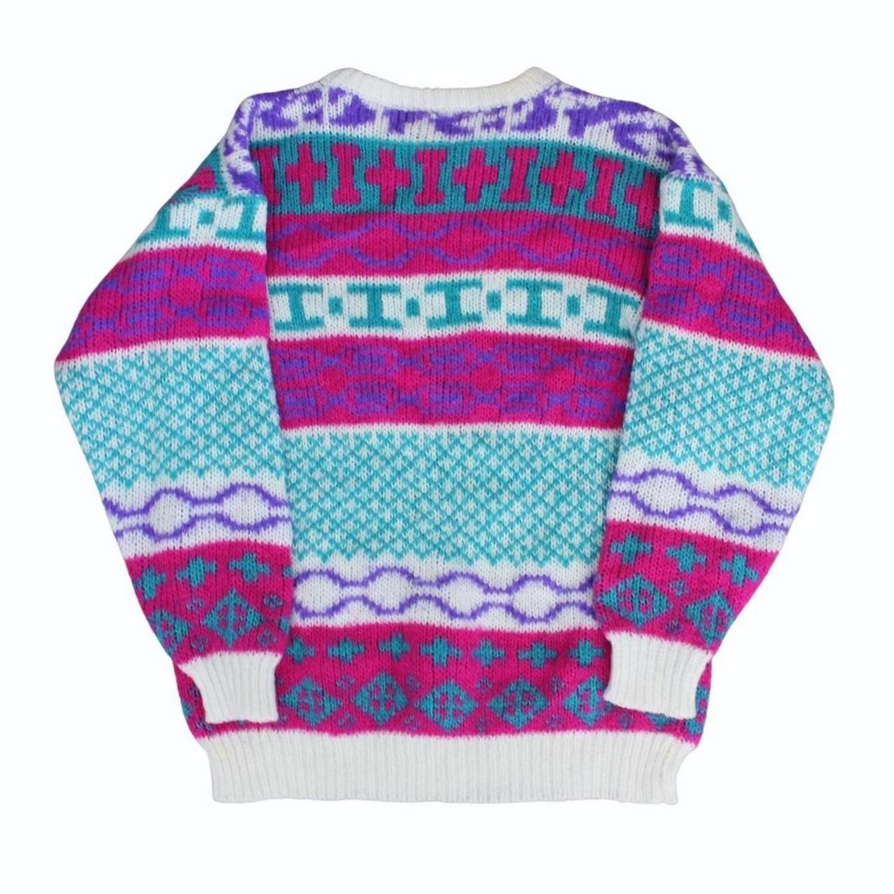 A colorful vintage knit sweater. White pink purple... - Depop