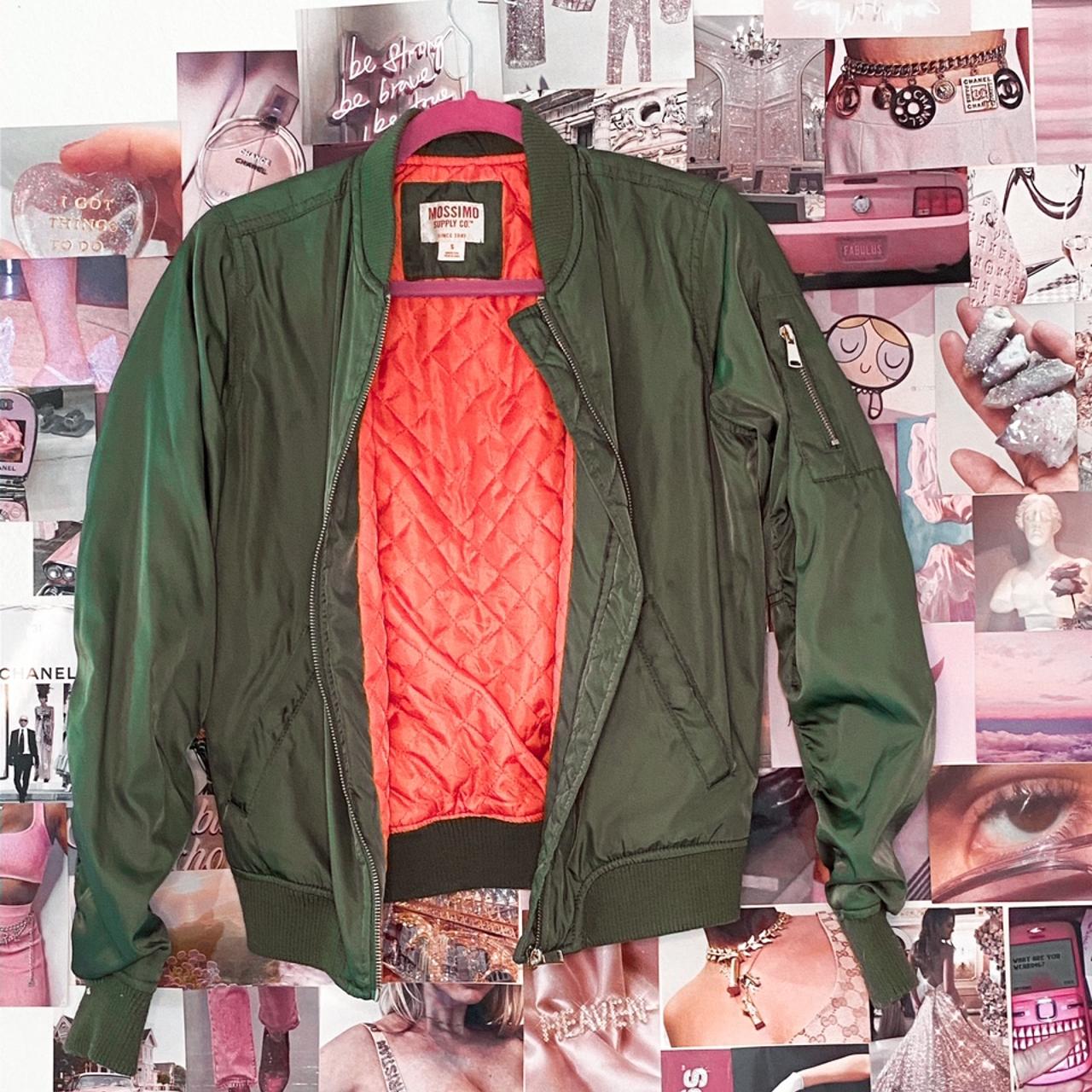 Green bomber jacket store with orange inside